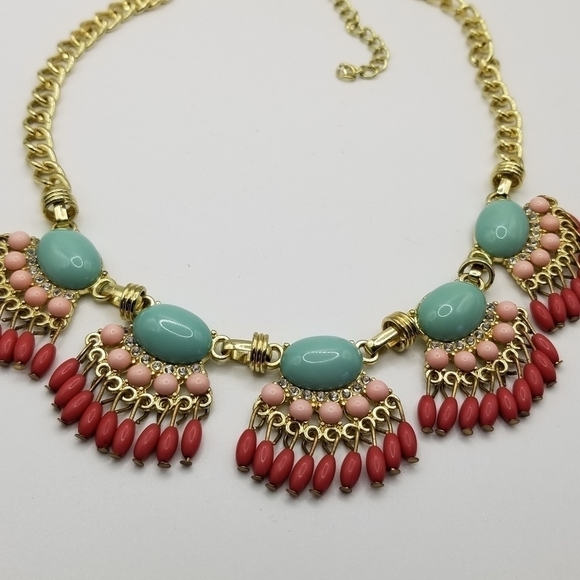 J Crew Beaded Statement Necklace Fan Colorful Multicolor Gold Tone Fringe Dangle - Picture 6 of 11